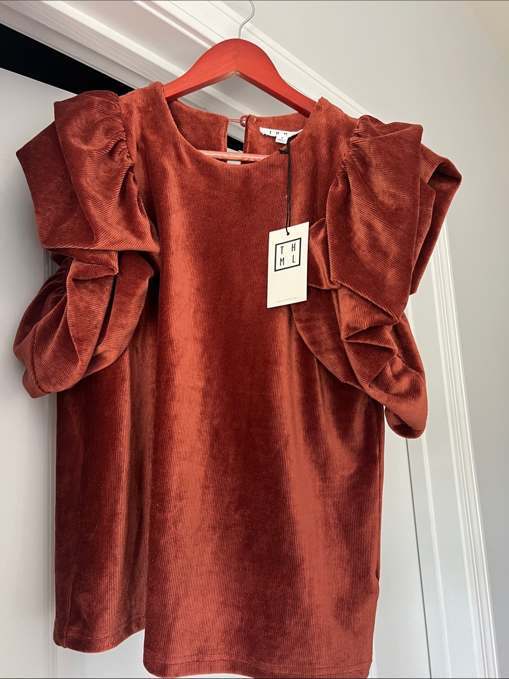 Rust Velvet Puff-Sleeve Women's Top